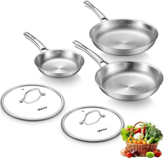 Titanium Pans for Cooking, 8+10+12 Inch Non-Toxic Skillet with 2 Lids | Titanium Hammered Pro Fajita,PFAS/PFOA/PTFE Free Cookware