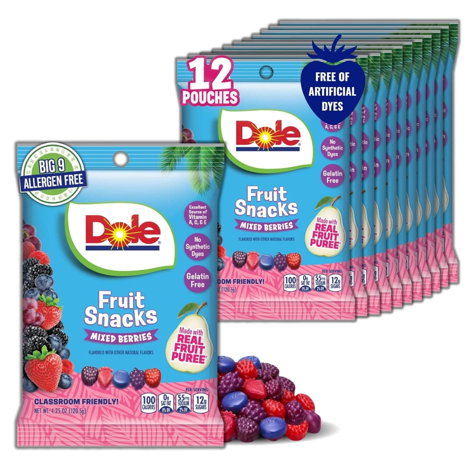 Dole Fruit Snacks, Mixed Berries - Individually Wrapped Pouches - Classroom-Friendly, Top 9 Allergen Free, No Artificial Dyes, Natural Fruit Purée - 1 Box, 12 Total Pouches
