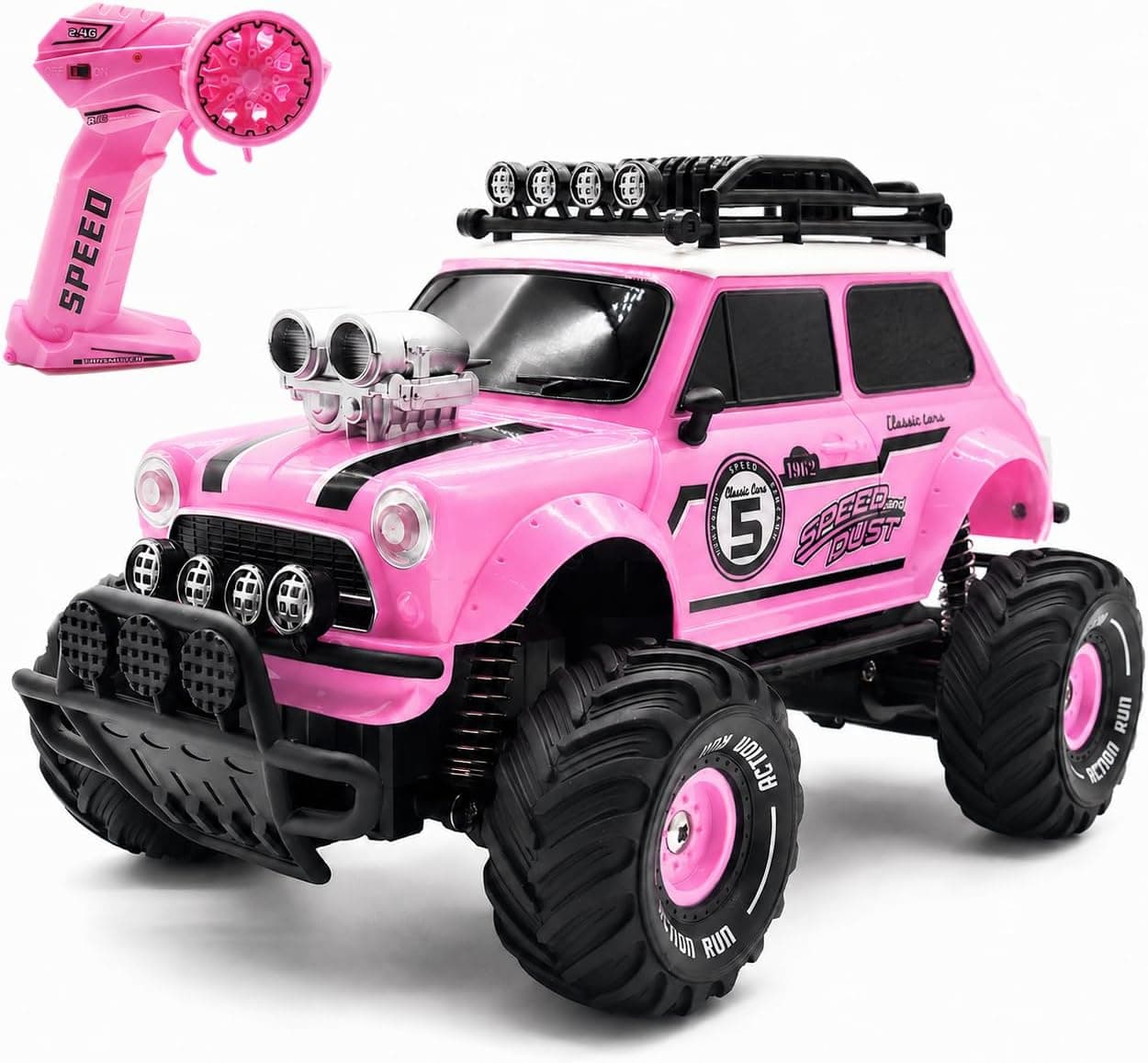 10Leccion Remote Control Car for Girls, Pink RC Truck with 2 Rechargeable Batteries, 2.4GHz Kids RC Monster Truck Toy