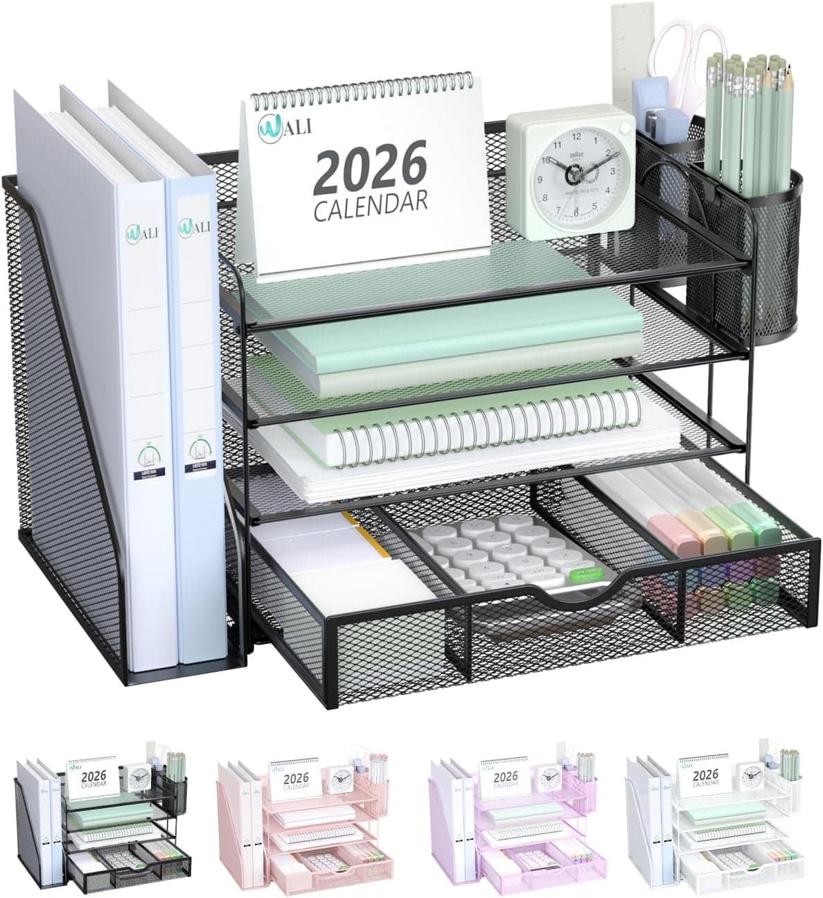 WALI 4 Tier Desktop Paper Letter Tray Organizer with Drawer and 2 Pen Holders