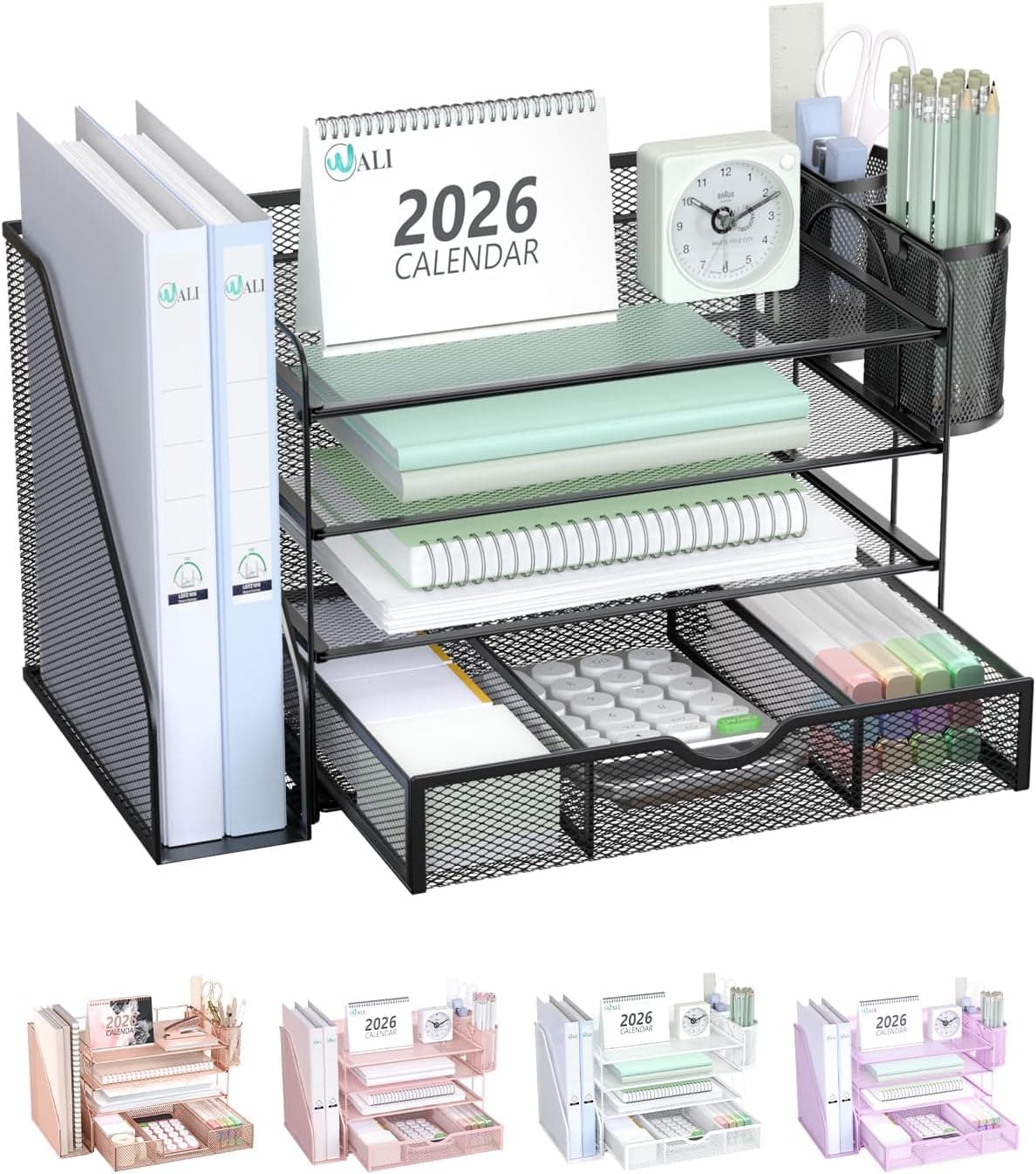 WALI 4 Tier Desktop Paper Letter Tray Organizer with Drawer and 2 Pen Holders