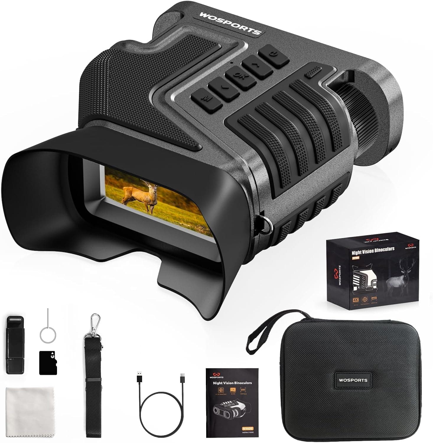 WOSPORTS 4K Night Vision Goggles: 16MP, up to 80x Magnification, 10X Optical & 8X Digital Zoom, 1015FT Vision, 3" Screen, 5000mAh