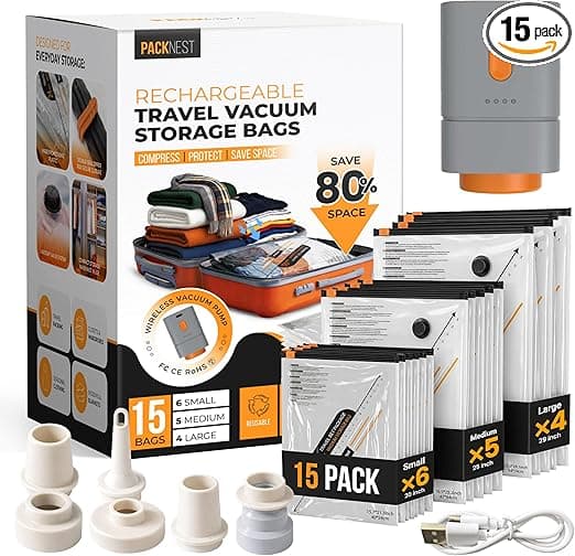 15 Pack Vacuum Storage Bags with Free Rechargeable Portable Electric Pump (5 Large, 5 Medium, 5 Small) - Vacuum Seal Bags for Clothing Travel