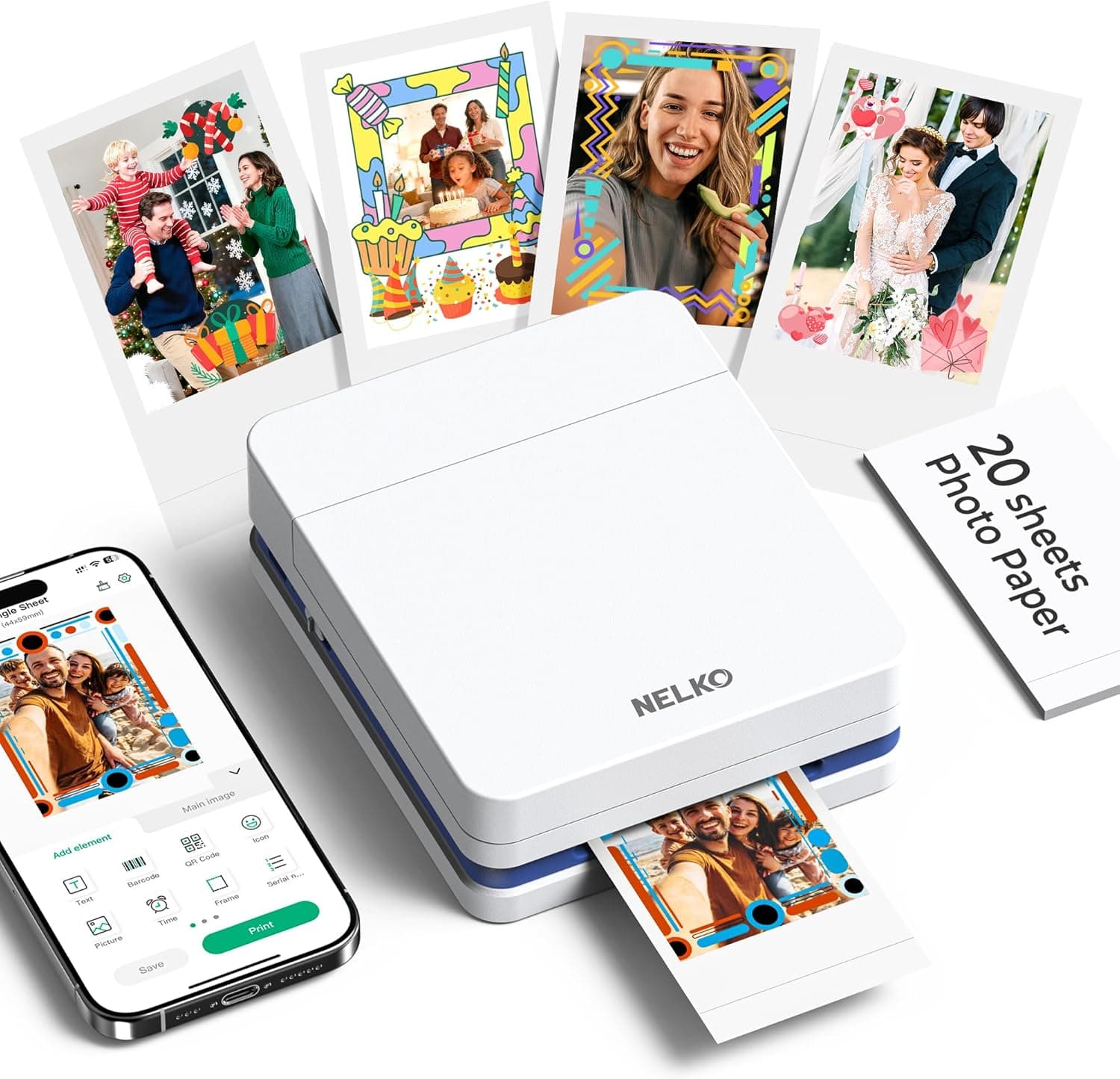 PP01 Color Mini Portable Printer, Instant Smartphone Inkjet Printer, White
