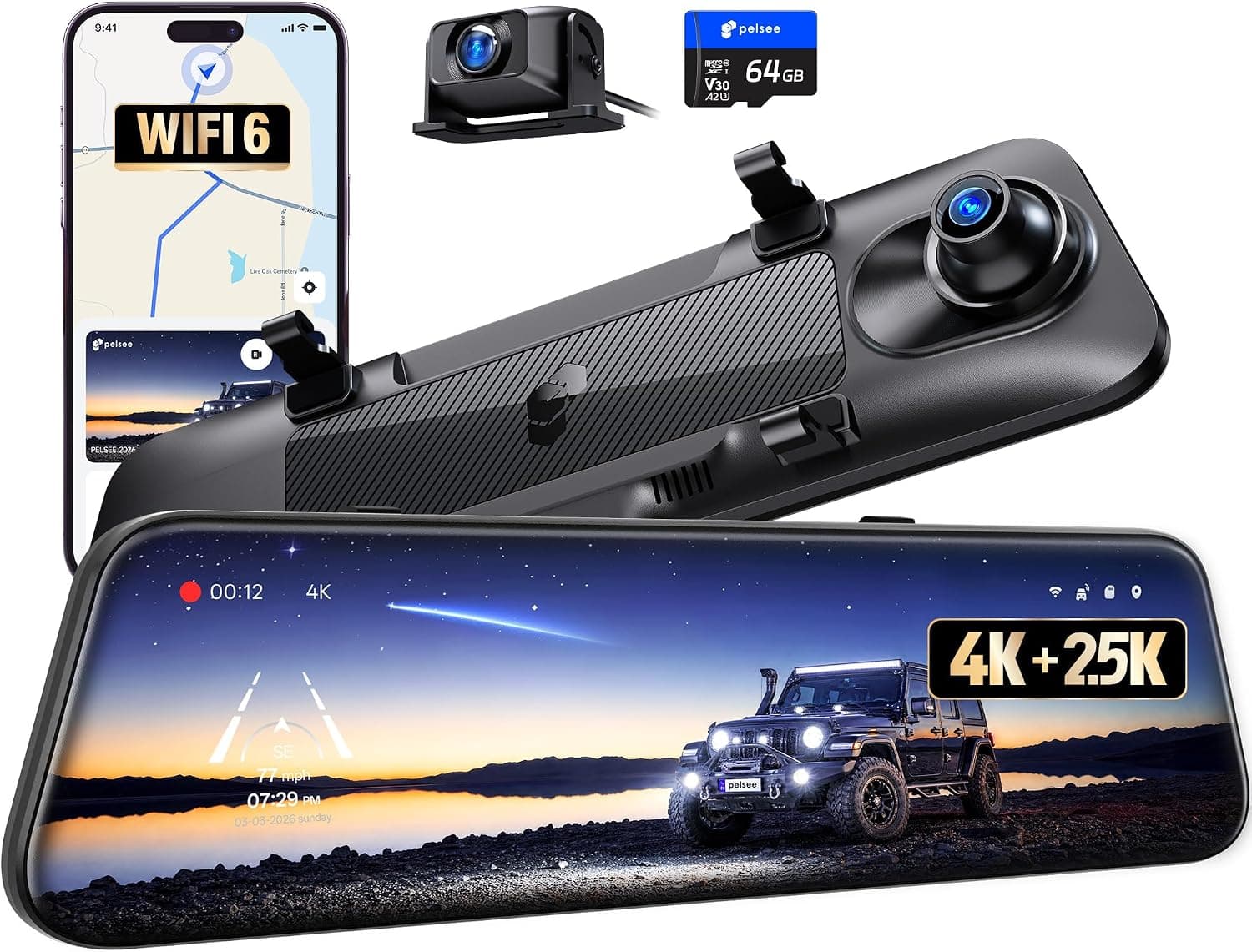 Pelsee S12 Native 4K + 2.5K Mirror Dash Cam, 64GB Card Included, GPS