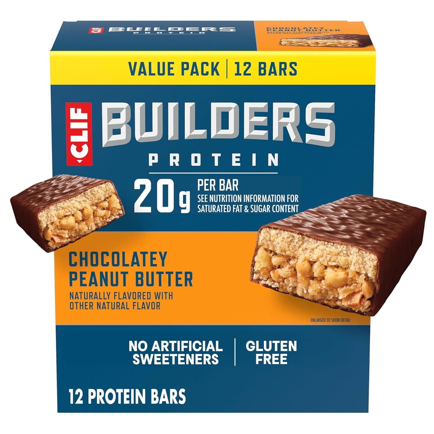 CLIF BUILDERS Protein Bars - Chocolatey Peanut Butter - 20g Plant Based Protein - Gluten Free - Non-GMO - Low Glycemic - No Artificial Sweeteners