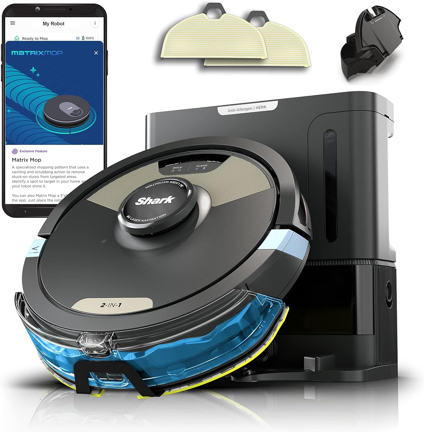 Amazon.com - Shark Robot Vacuum & Mop Combo, Powerful Suction, Matrix Plus, 60-Day Debris Capacity, HEPA Bagless Self Empty Base, Sonic Mopping, Home Mapping for Pet Hair - Carpets & Hardfloor, AV2610WA
