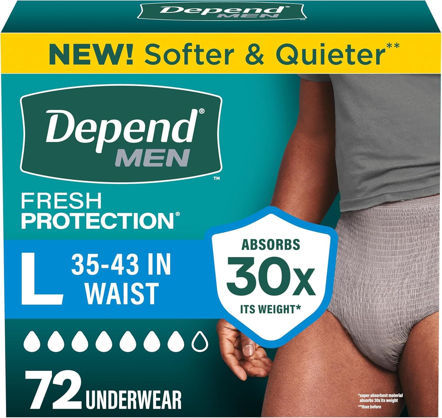 Depend Fresh Protection Adult Diapers, Incontinence Underwear for Men, Disposable, Maximum, Large, Grey