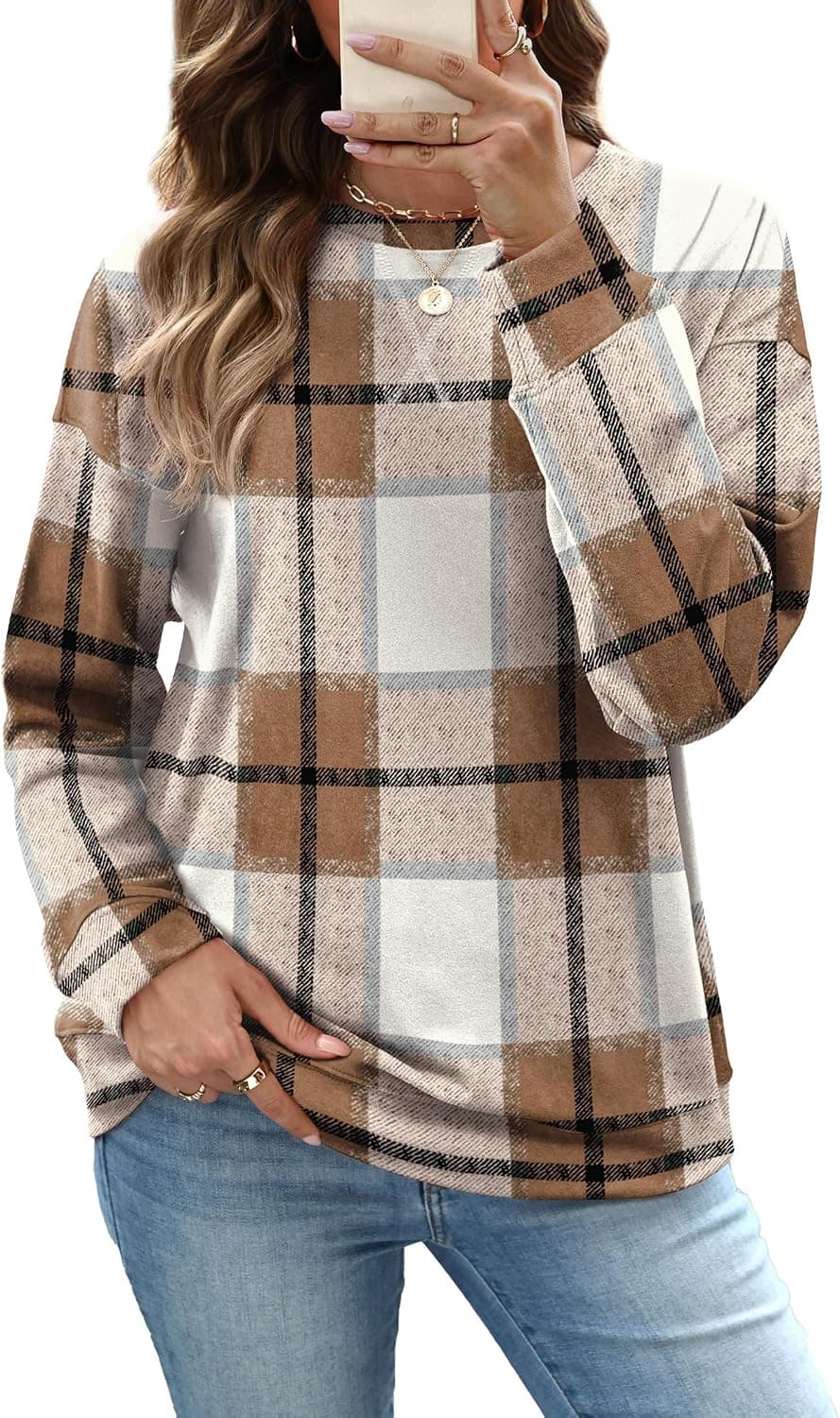 RUMIA Fall Clothes Tops for Women Early Fashion Sweatshirts Beige Plaid S