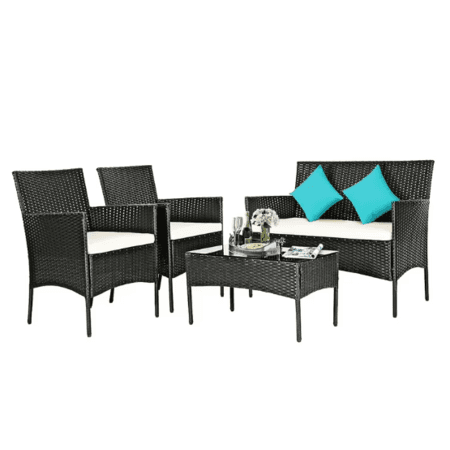4-Piece Costway Rattan Patio Furniture Set w/ Cushions (Black w/ Beige Cushions) - 2025-11-16