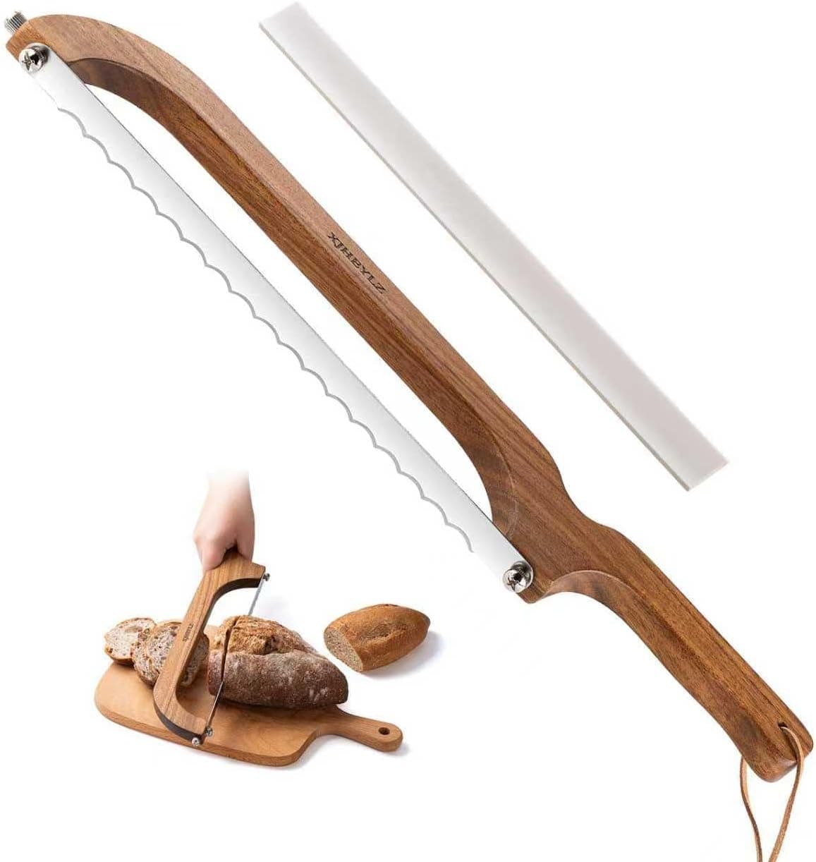 Sourdough bread knife,Bread slicer for homemade bread,Adjustable blade tightness for Even Slicing (1, brown)