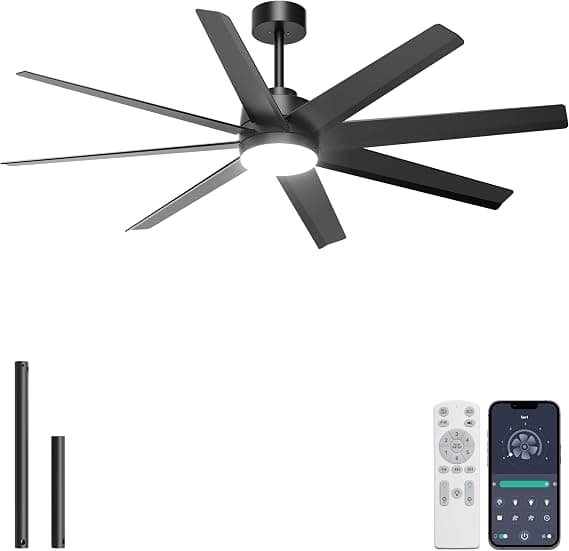 Prime Members: Ohniyou 60" Ceiling Fan with Light - Modern Black 8 Blades Ceiling Fan Remote/APP Control