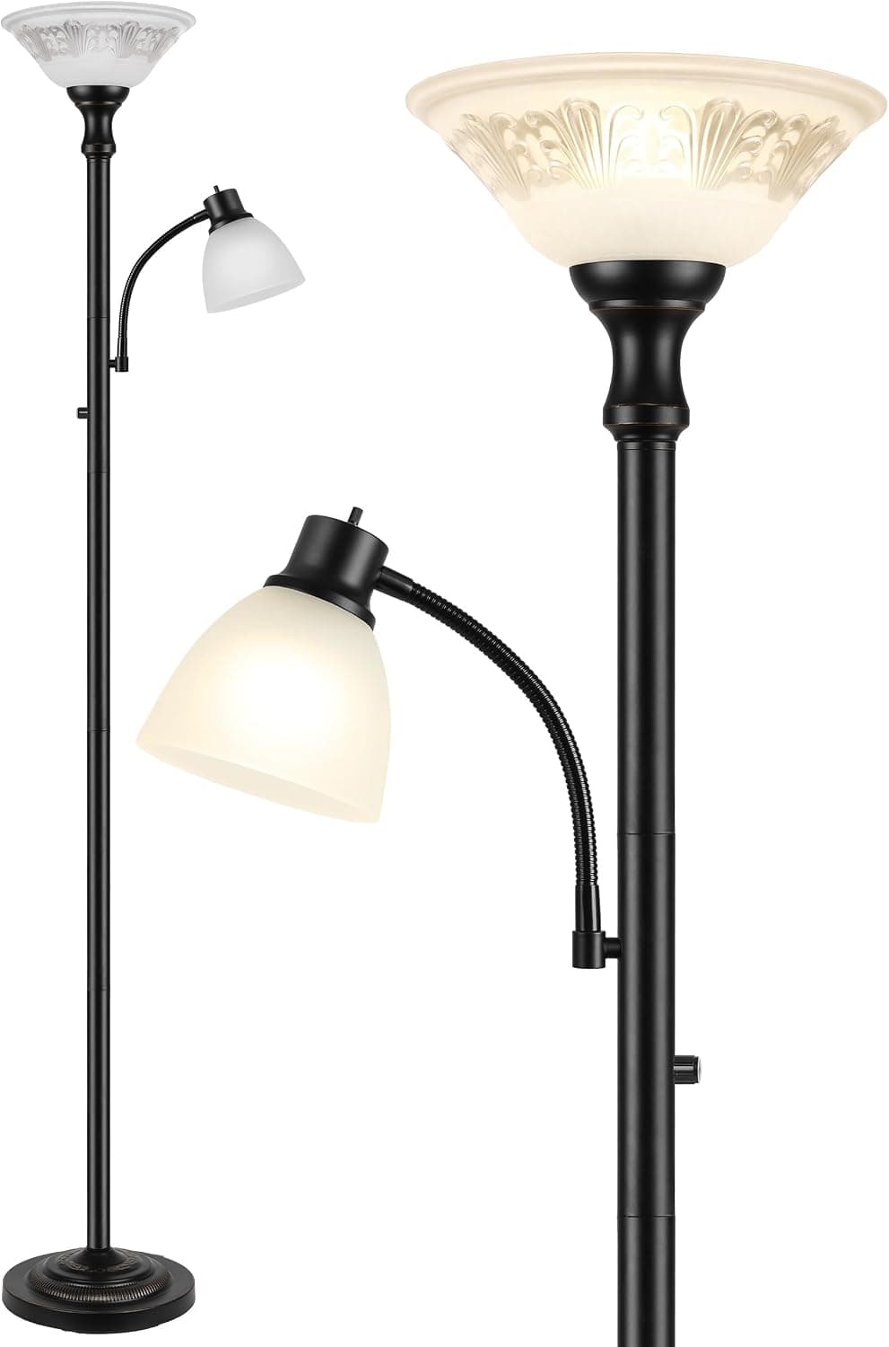 Torchiere Floor Lamp for Living Room with Reading Light, Thick Glass Shade Vintage Corner Lamp 69.8" Tall @Amazon