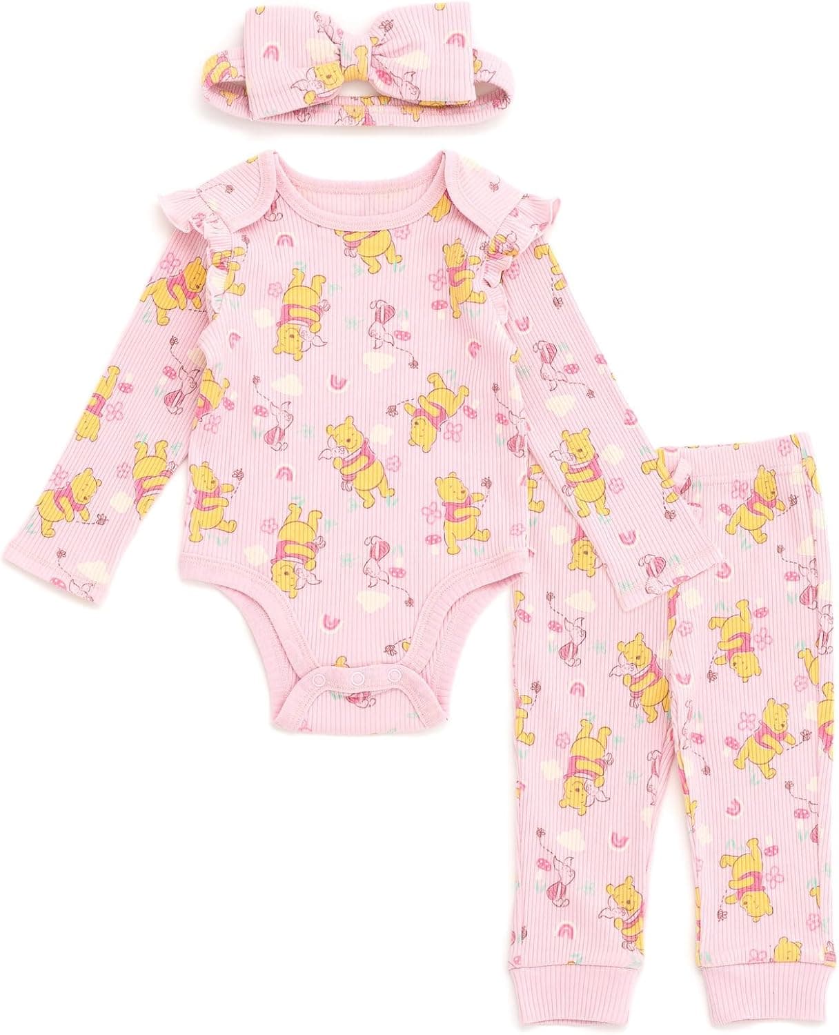 Disney Winnie the Pooh Newborn to 24 Months! Baby Girls Ribbed Bodysuit, Jogger Pants and Headband 3 Piece Outfit Set Soft Pink, 365 DAY LOW PRICE, @ Amazon