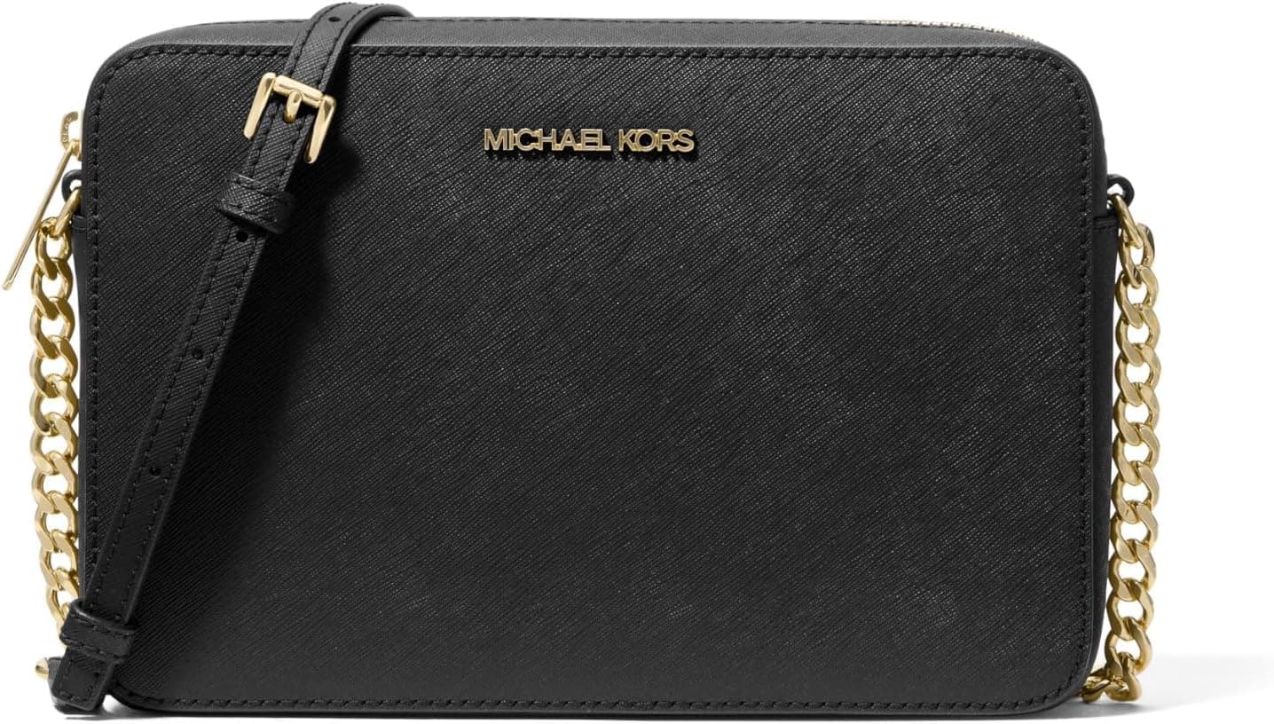 Michael Kors, Women's, Jet Set Large Crossbody Bag, Gold-Tone Hardware/Saffiano Leather/Black