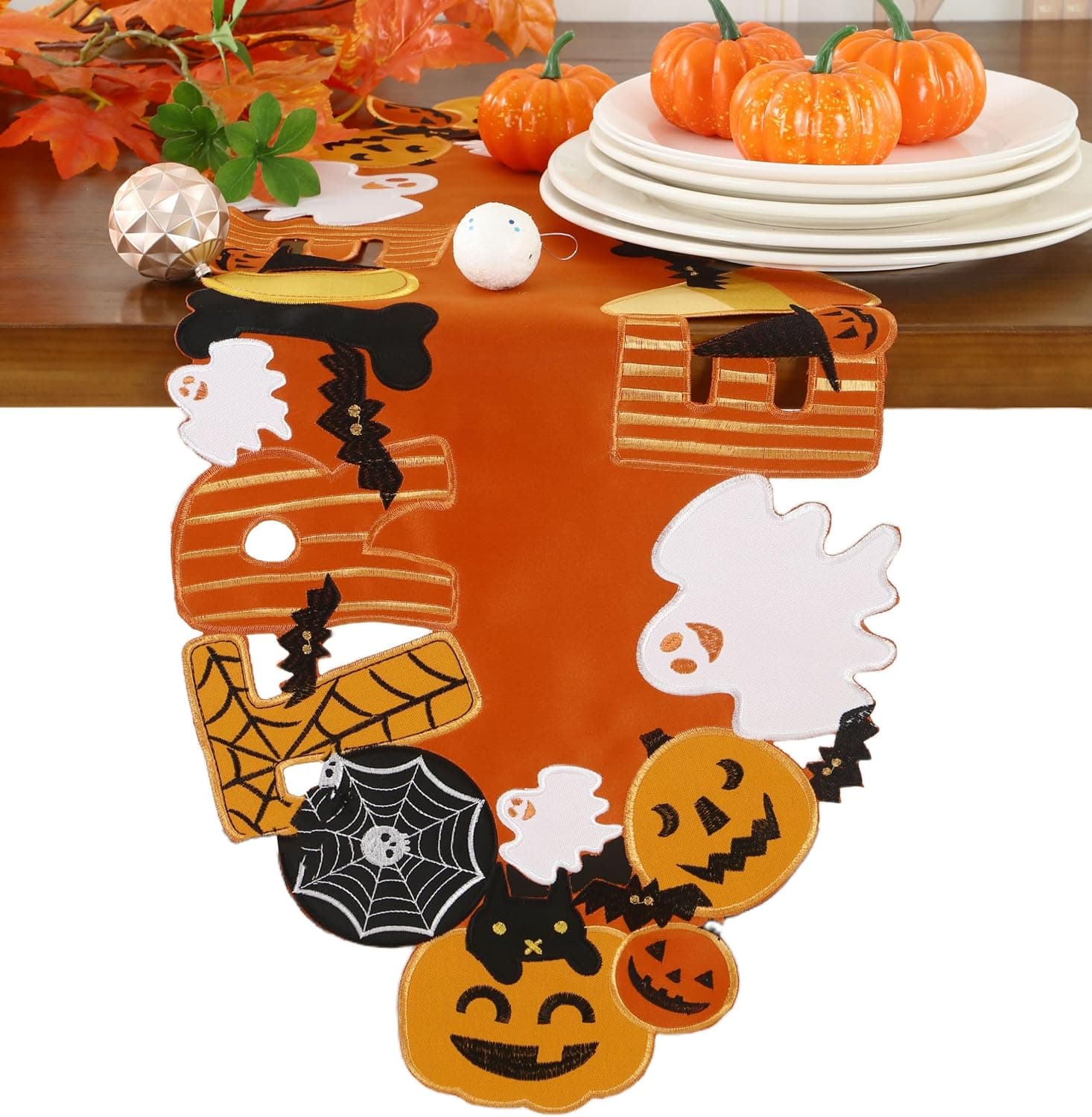 Fall Thanksgiving Holiday Halloween Table Runner 13"x36",Cutwork Applique Embroidered Pumpkins and Bats Dresser Scarf for Autumn Home DiningTabletop Decoration, 17.99