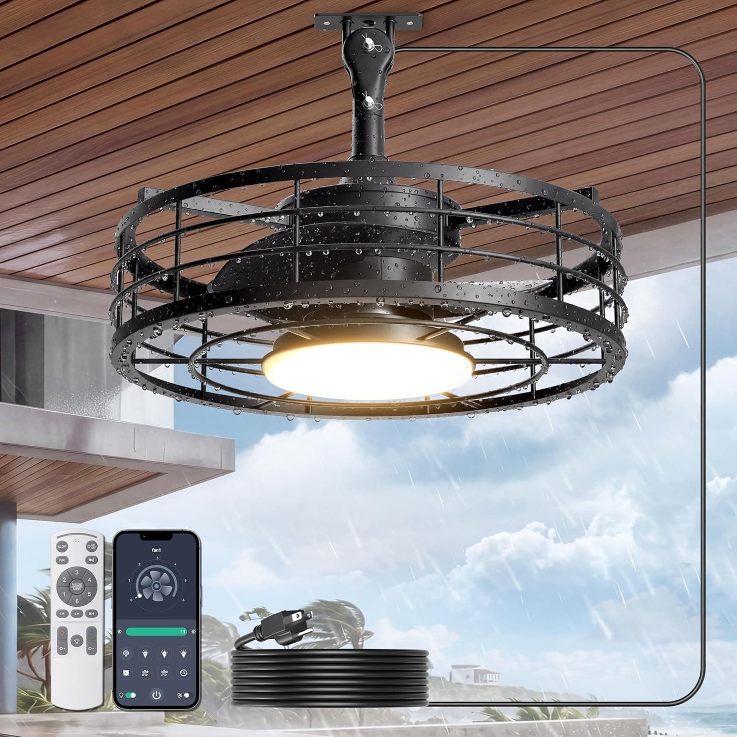 Phylluz 16'' Outdoor Ceiling Fan with Lights, Weatherproof Plug in Ceiling Fan for Gazebo, Caged Hanging Fan with Remote & APP Control