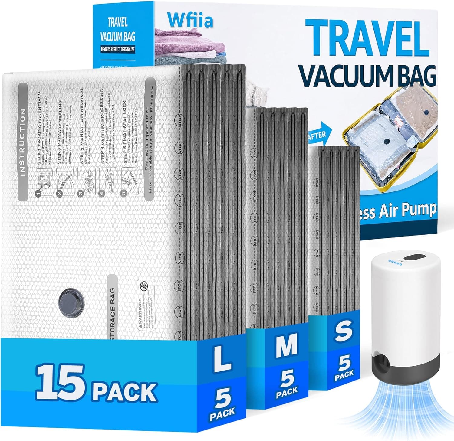 15 Packs Vacuum Bags for Travel with Rechargeable Pump